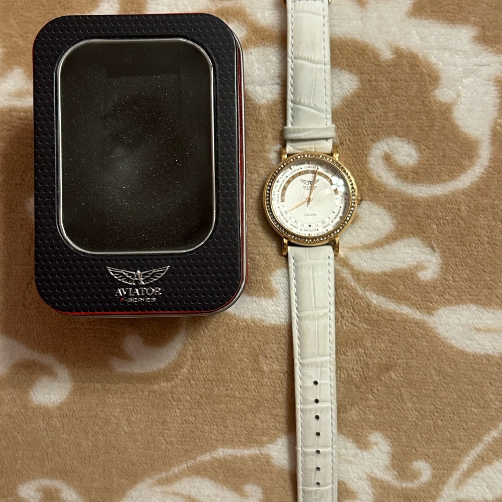 Aviator White Leather Watch with Gold Accents